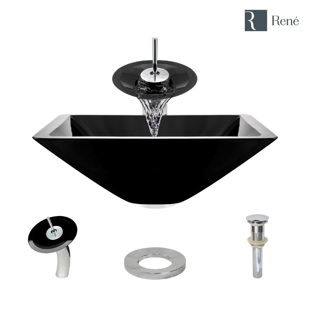 Rene Glass Vessel Sink in Noir with Waterfall Faucet and PopUp Drain