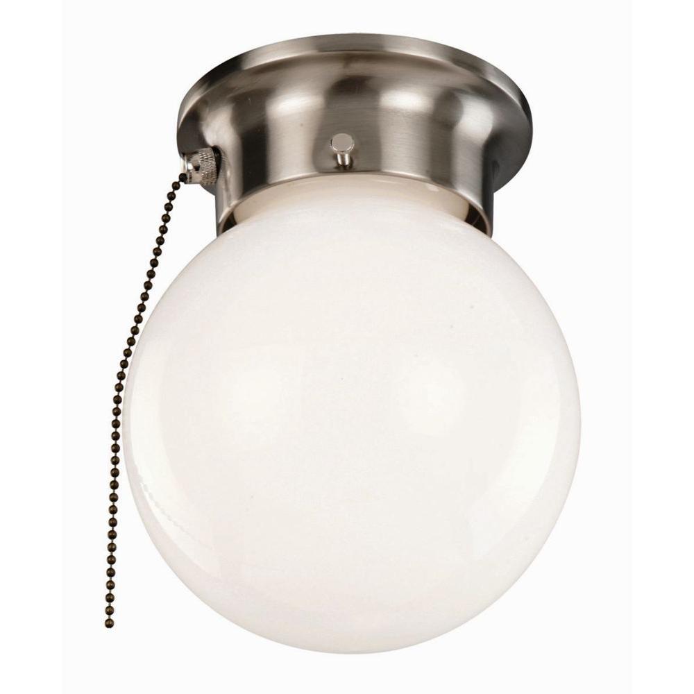 Design House 1 Light Satin Nickel Ceiling Light With Opal Glass And Pull Chain