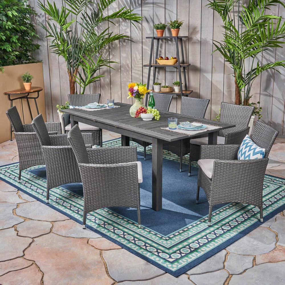 Noble House Nadia Grey 9 Piece Wood And Wicker Outdoor Dining Set