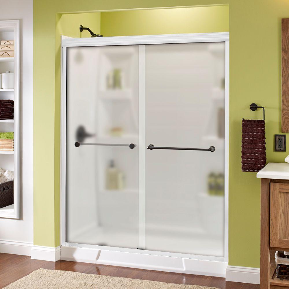 Delta Crestfield 60 In X 70 Semi Frameless Traditional Sliding Shower Door White And Bronze With Niebla Glass