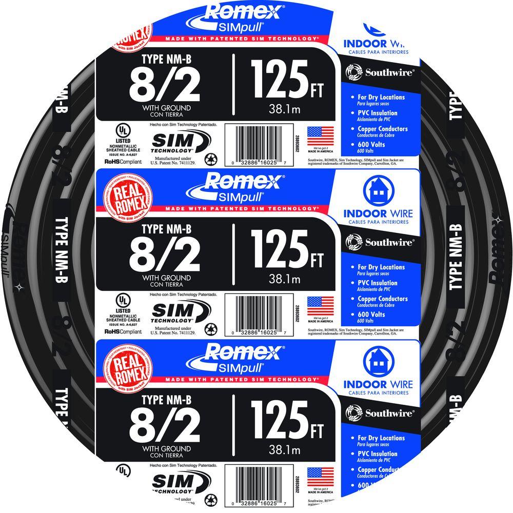 Southwire 125 Ft 8 2 Stranded Romex SIMpull CU NM B W G Wire 28893602 