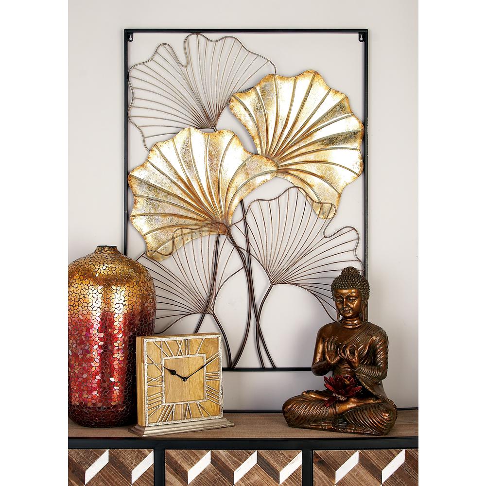 Iron Distressed Gold And Silver Fanned Leaves Framed Wall Decor