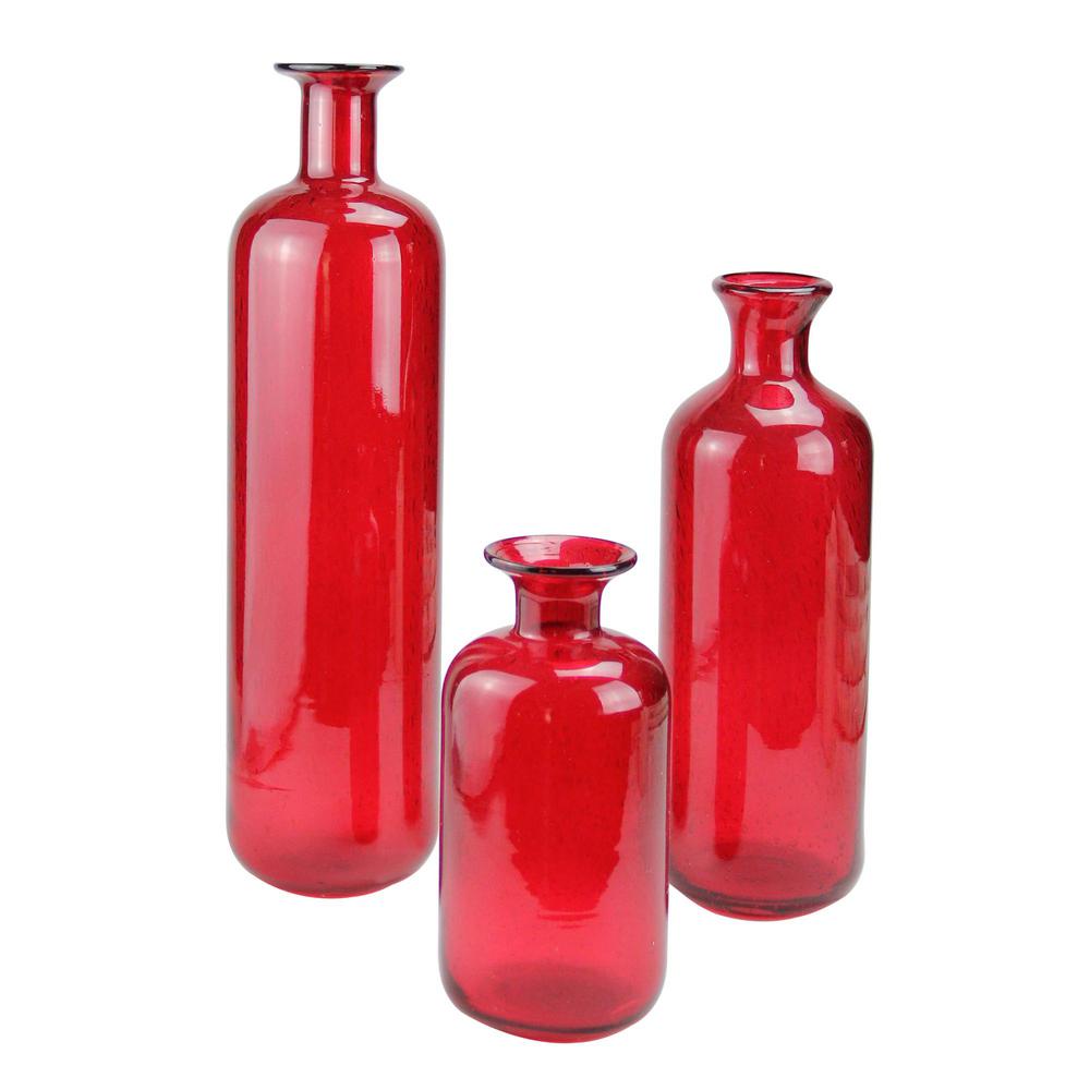 Translucent Candy Apple Red Decorative Glass Bottles Set Of 3