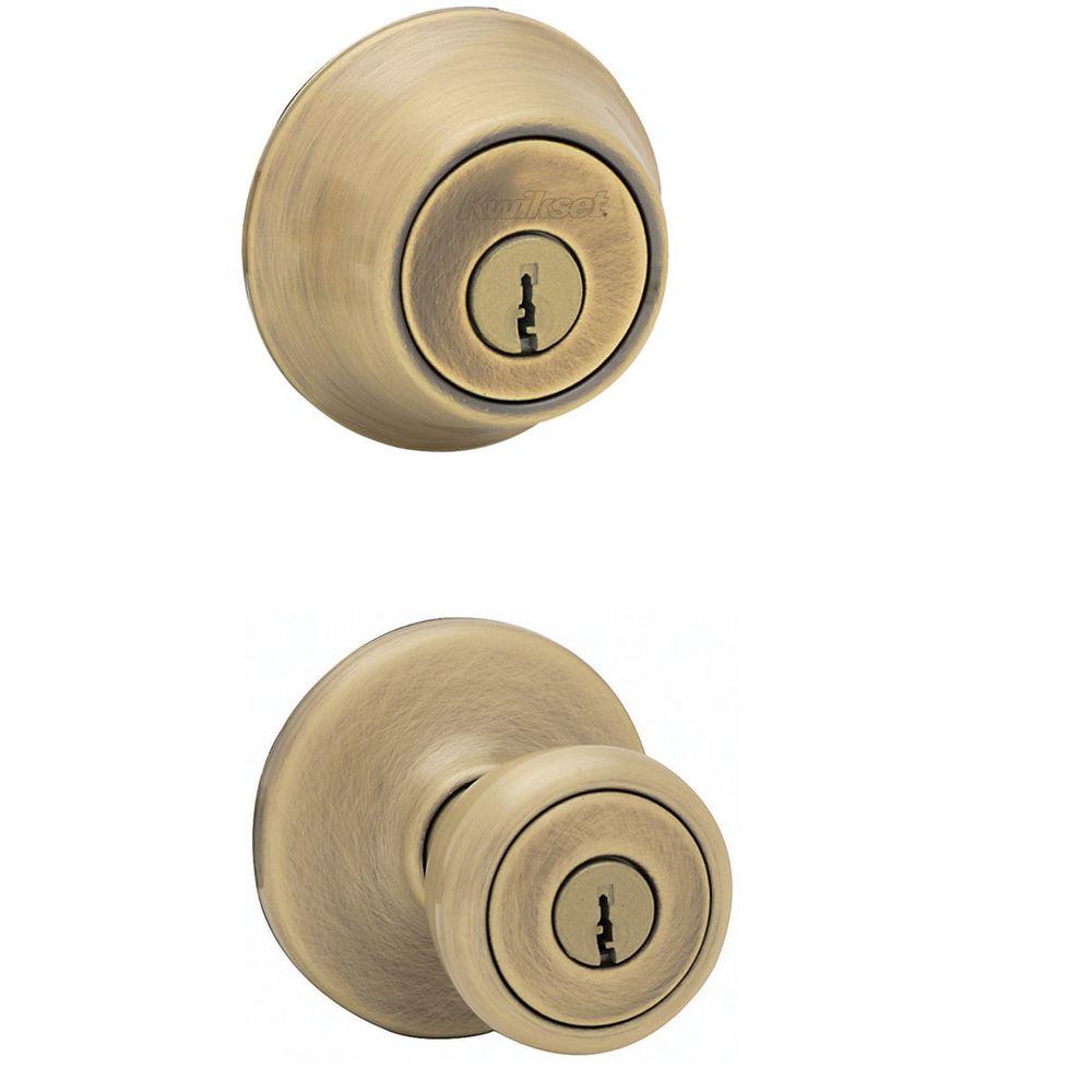 Kwikset Tylo Antique Brass Entry Door Knob And Single Cylinder Deadbolt ...