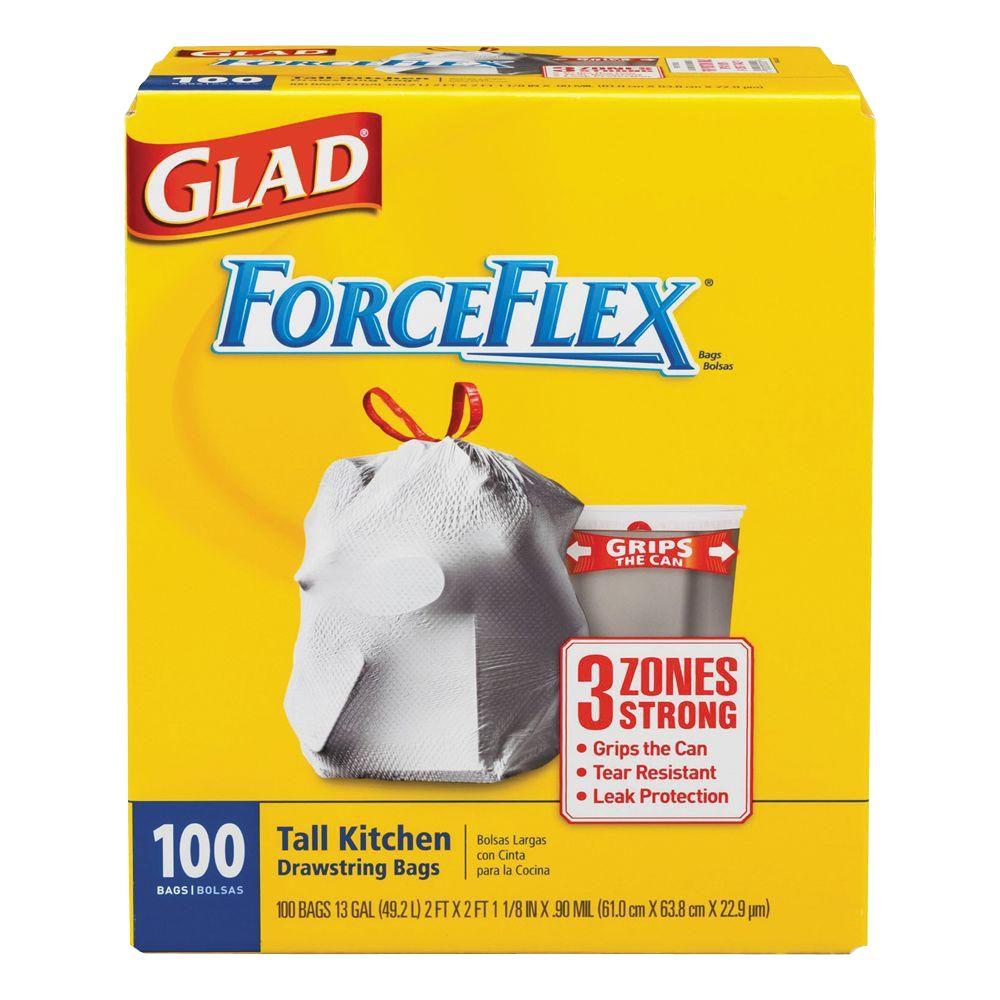Glad 13 Gal Drawstring ForceFlex Tall White Kitchen Bags 100