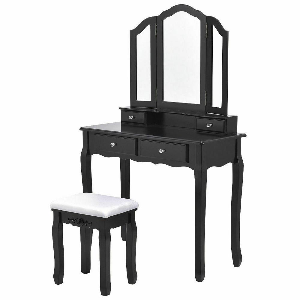 Costway 4 Drawer Black Tri Folding Mirror Vanity Makeup Table Stool Set Home Furniture Hw55563bk The Home Depot