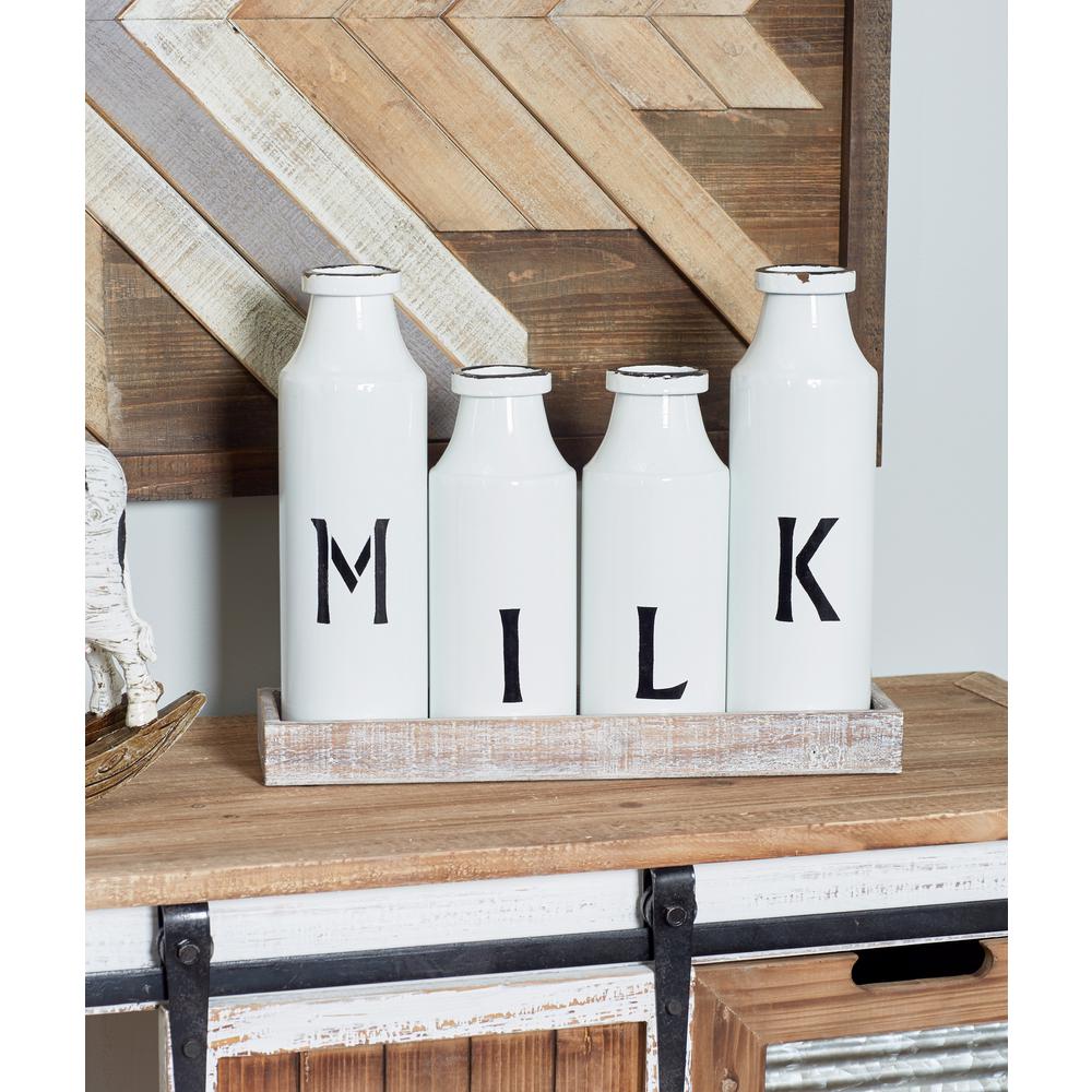 Litton Lane Brown Decorative Tray with 4Distressed White Milk Bottles