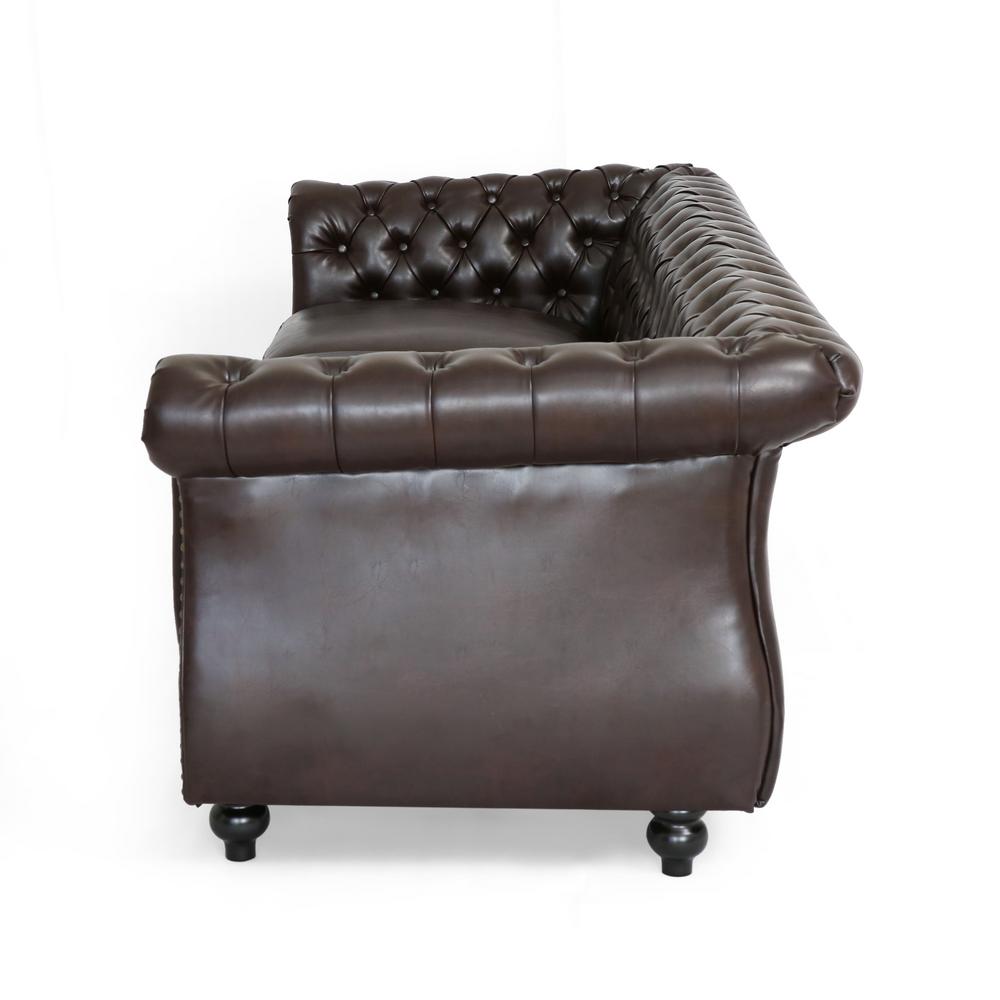 Noble House Sommerville 34 5 In Brown Dark Brown Faux Leather 3 Seater Chesterfield Sofa With Flared Arms 65577 The Home Depot