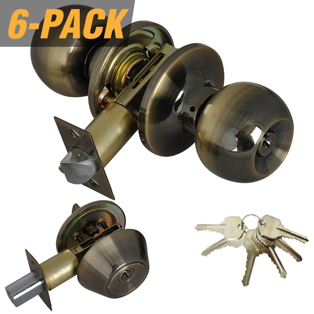 Grip Tight Tools Antique Brass Entry Door Knob Combo Lock Set With