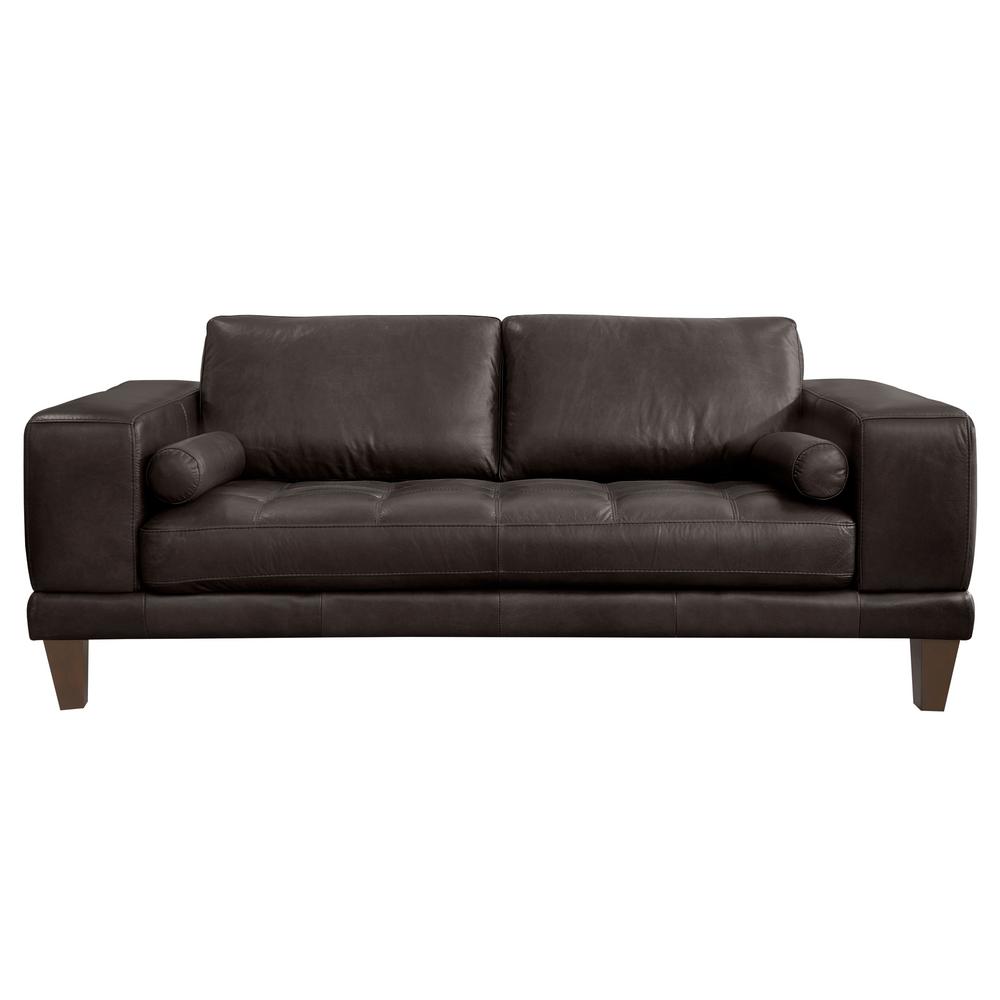 Armen Living Wynne Contemporary Genuine Espresso Leather Loveseat With Brown Wood Legs