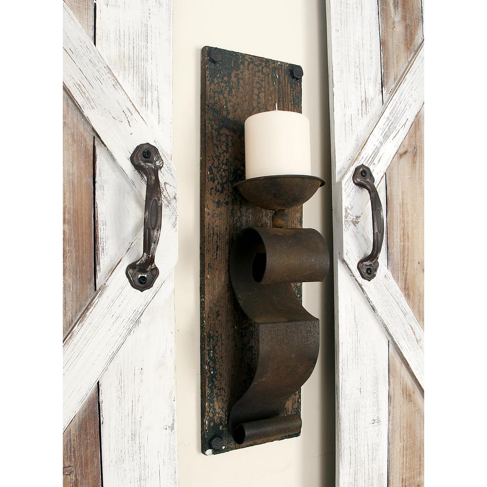 19 In Rust Brown Wood And Iron Wall Sconce Candle Holders Set Of 2