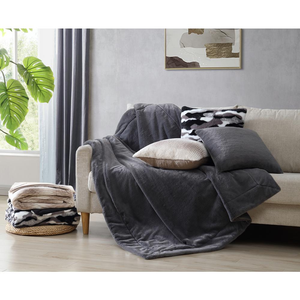 MHF Home Taupe and White Evelyn Faux Fur Throw Blanket and Pillow Cover