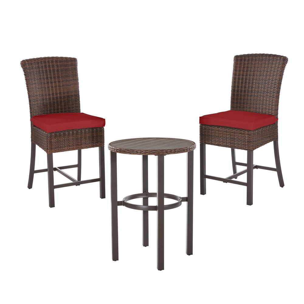 Hampton Bay Fenton 3 Piece Wicker Outdoor Patio High Bar Bistro Set With Peacock Java Cushion D9131 Bistro The Home Depot