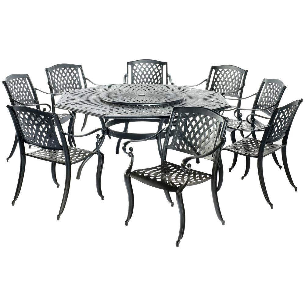 Alfresco 9 Piece Westbury Cast Aluminum Outdoor Dining Set With 71 In Table Lazy Susan And 8 Stackable Arm Chairs In Black 56 3008 The Home Depot