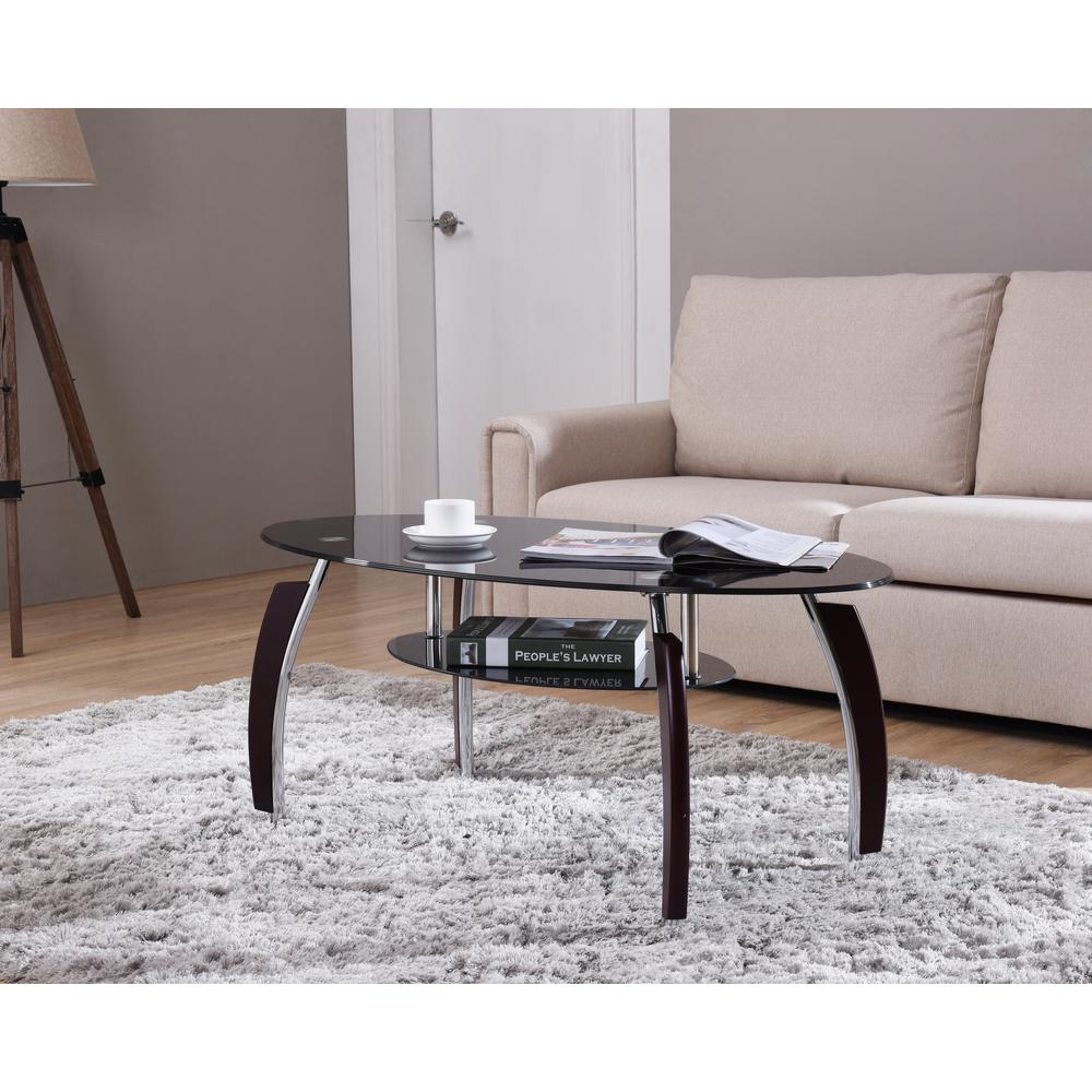 Hodedah Oval Tempered Glass 2 Tier Coffee Table With Wooden Legs In