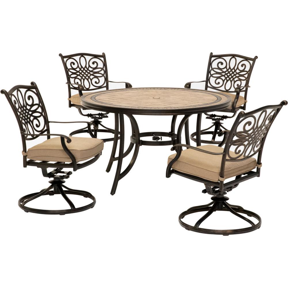 Hanover Monaco 5 Piece Round Patio Dining Set With Four Swivel Rockers And Natural Oat Cushions Mondn5pcsw 4 The Home Depot