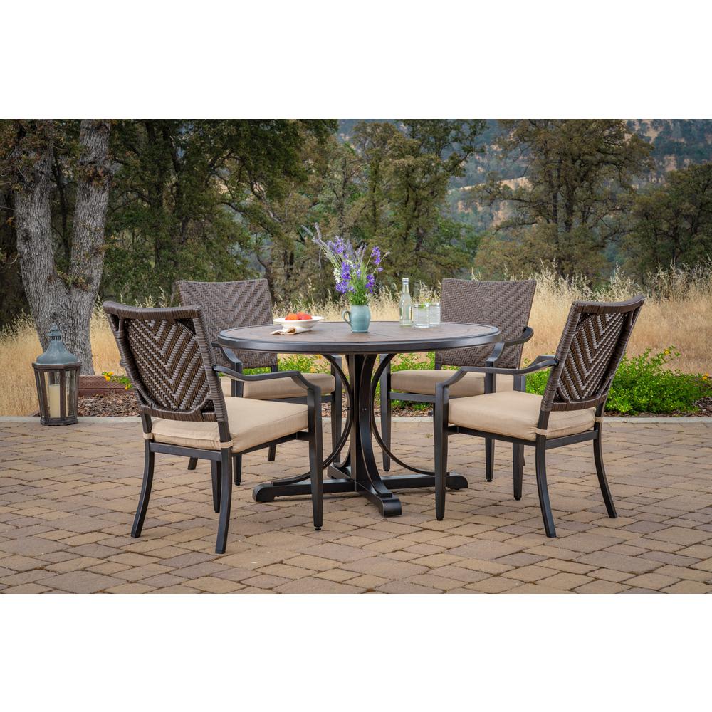 Foremost Casual Patio Furniture Outdoors The Home Depot Mulberry 5 Piece Wicker Round Outdoor Dining Set With Sunbrella Method Stone Cushions