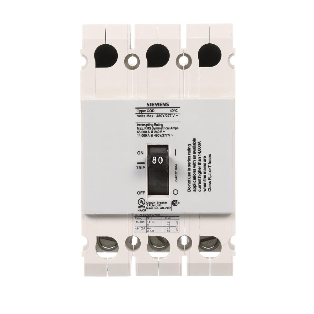 Siemens 80 Amp Triple Pole Type CQD Cable In Cable Out DIN Rail Circuit Breaker by Siemens