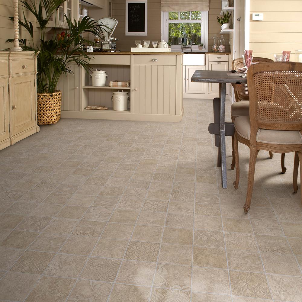 Trafficmaster Marbella Tile Neutral Ceramic Residential Vinyl Sheet Flooring 13 2ft Wide X Cut To Length C9520197k532p15 The Home Depot
