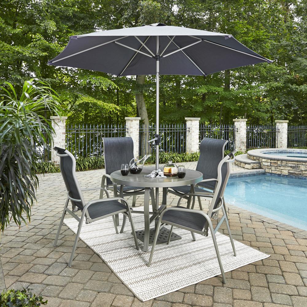 Home Styles Captiva Charcoal Gray 7 Piece Cast Aluminum Round Outdoor Dining Set With Umbrella 6700 30816 The Home Depot