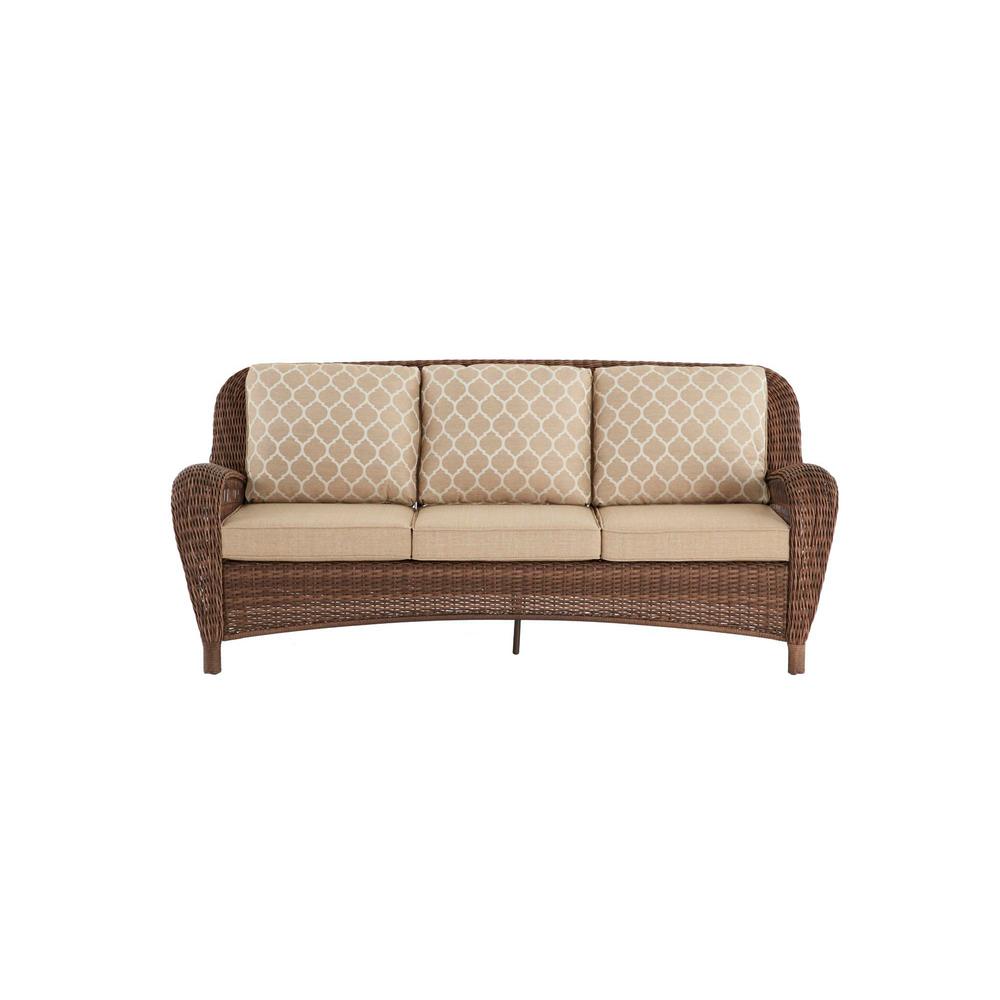 Hampton Bay Beacon Park Brown Wicker Outdoor Patio Sofa With Standard Toffee Trellis Tan Cushions