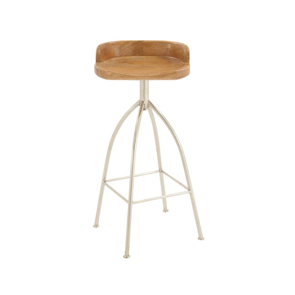 Litton Lane 35 In Silver Metallic Iron Bar Stool With Oak Brown Silver Metallic Iron Bar Stool With Oak Brown Wooden Seat