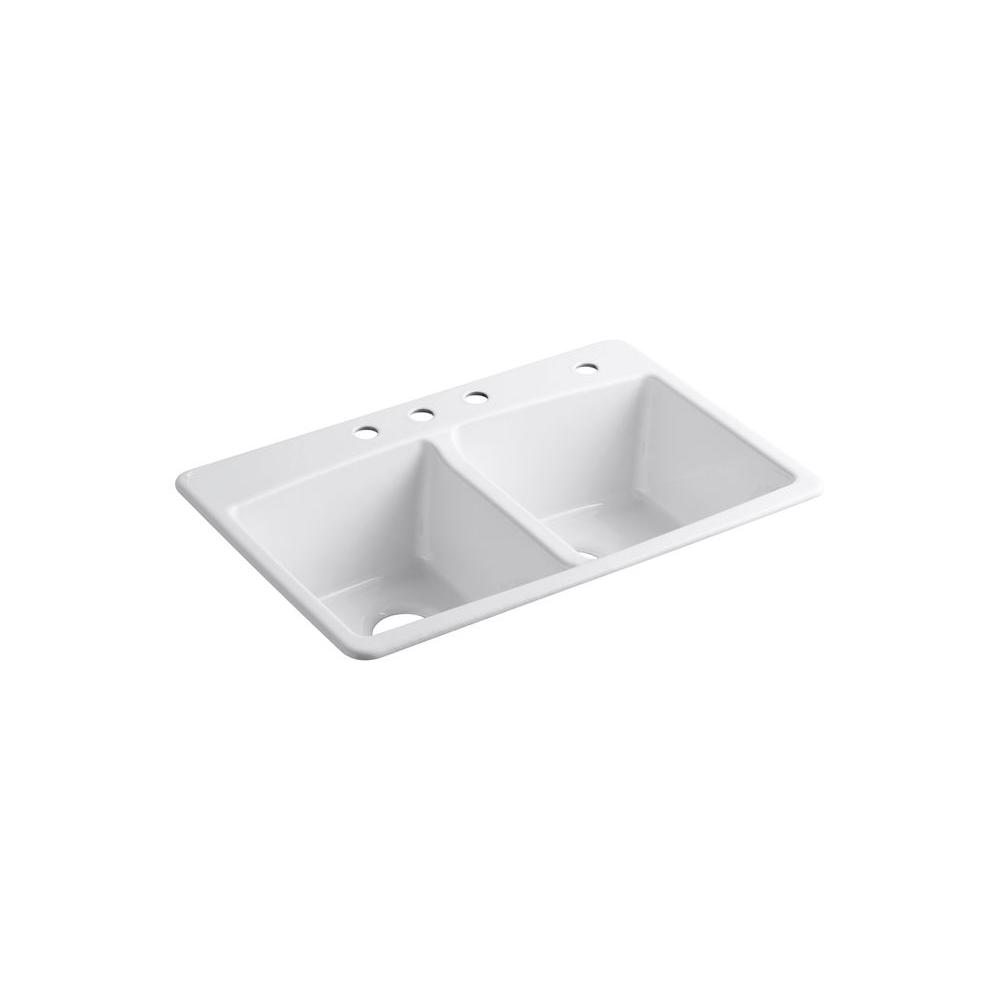 Kohler Brookfield Drop In Cast Iron 33 In 4 Hole Double Bowl Kitchen Sink In White