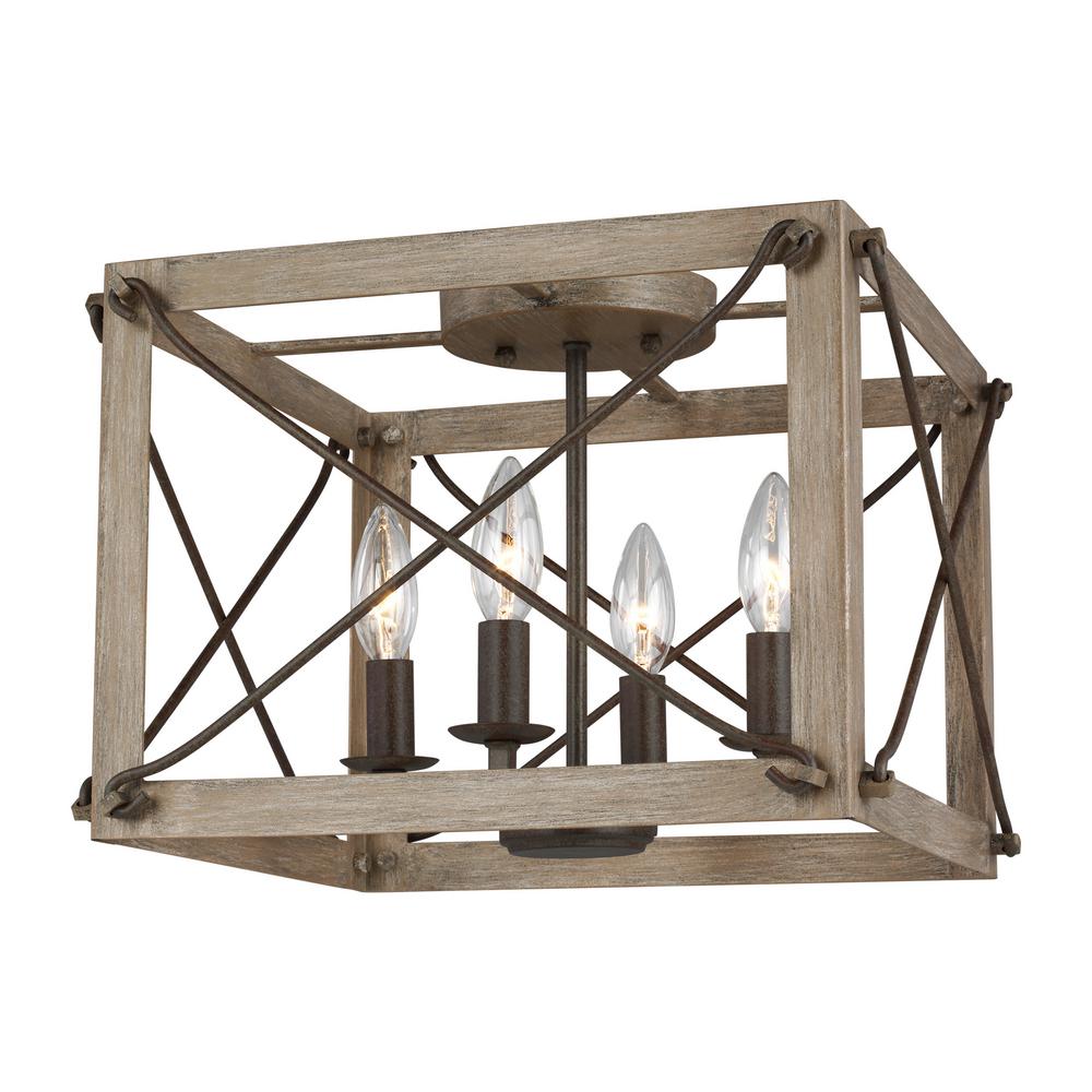 Sea Gull Lighting Thornwood 14 In 4 Light Washed Pine Flush Mount