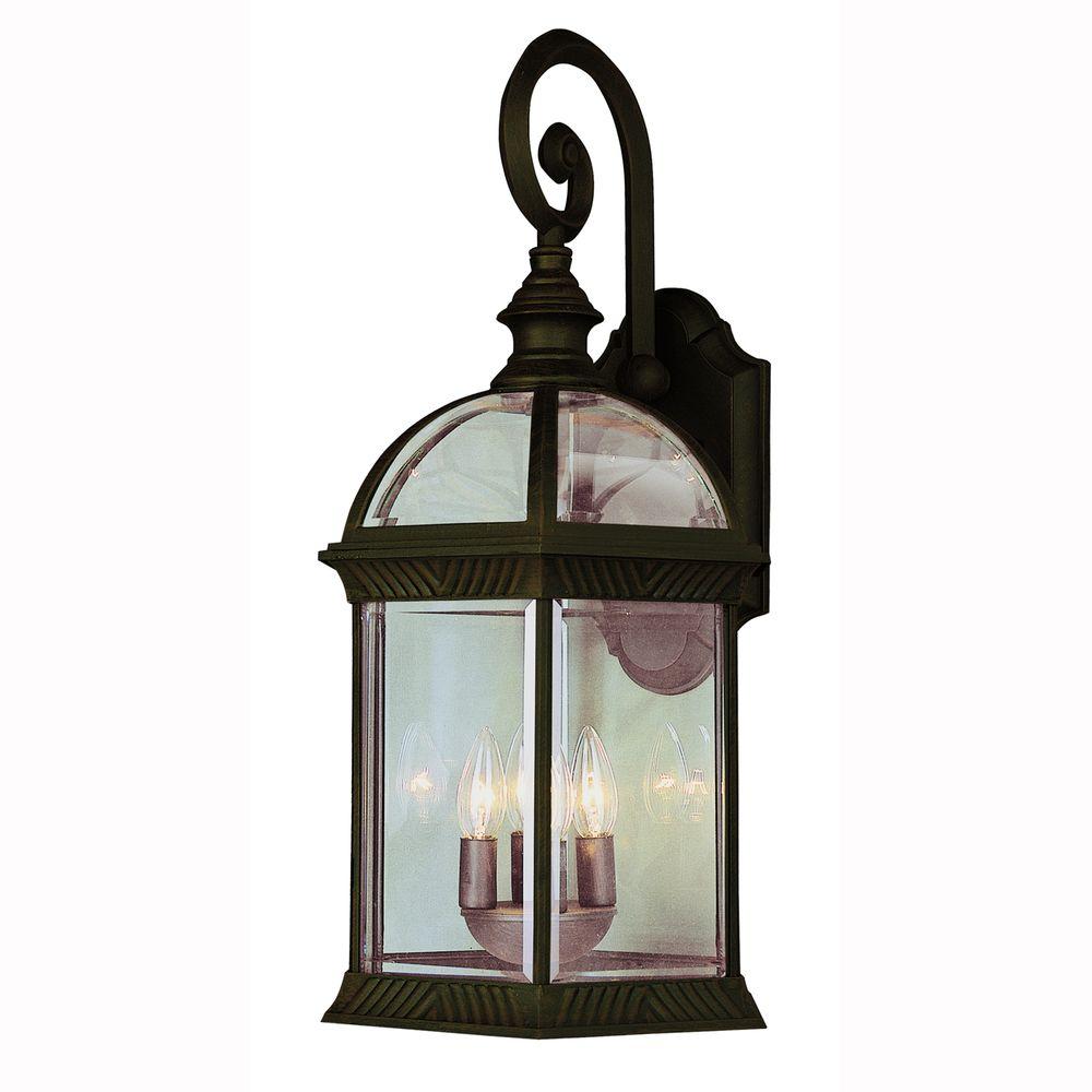 Brown Tropical Outdoor Wall Mounted Lighting Atrium 3 Light Outdoor Rust Coach Lantern With Clear Glass
