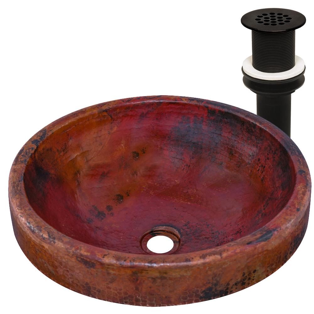 Granada Round Drop In Copper Bathroom Sink In Natural Copper And Oil Rubbed Bronze Strainer Drain