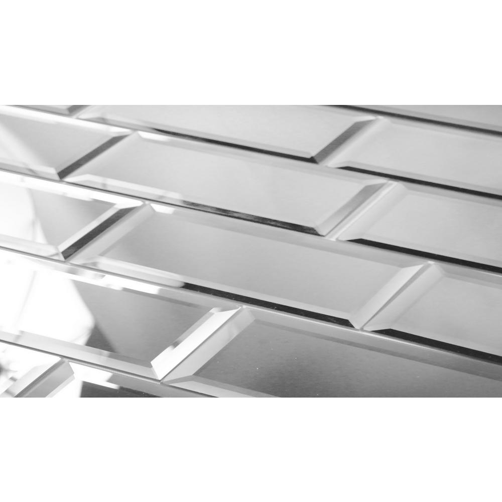 Subway 3 X 12 Silver Gray Beveled Glossy Glass Mirror L Stick Decorative Bathroom Wall Tile Backsplash 4 Pc Pk