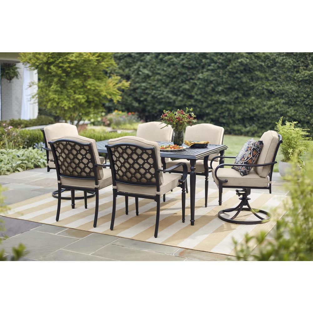 Hampton Bay Laurel Oaks 7 Piece Brown Steel Outdoor Patio Dining Set With Cushionguard Putty Tan Cushions 525 0200 002 The Home Depot - Patio Furniture Table And Chairs Home Depot