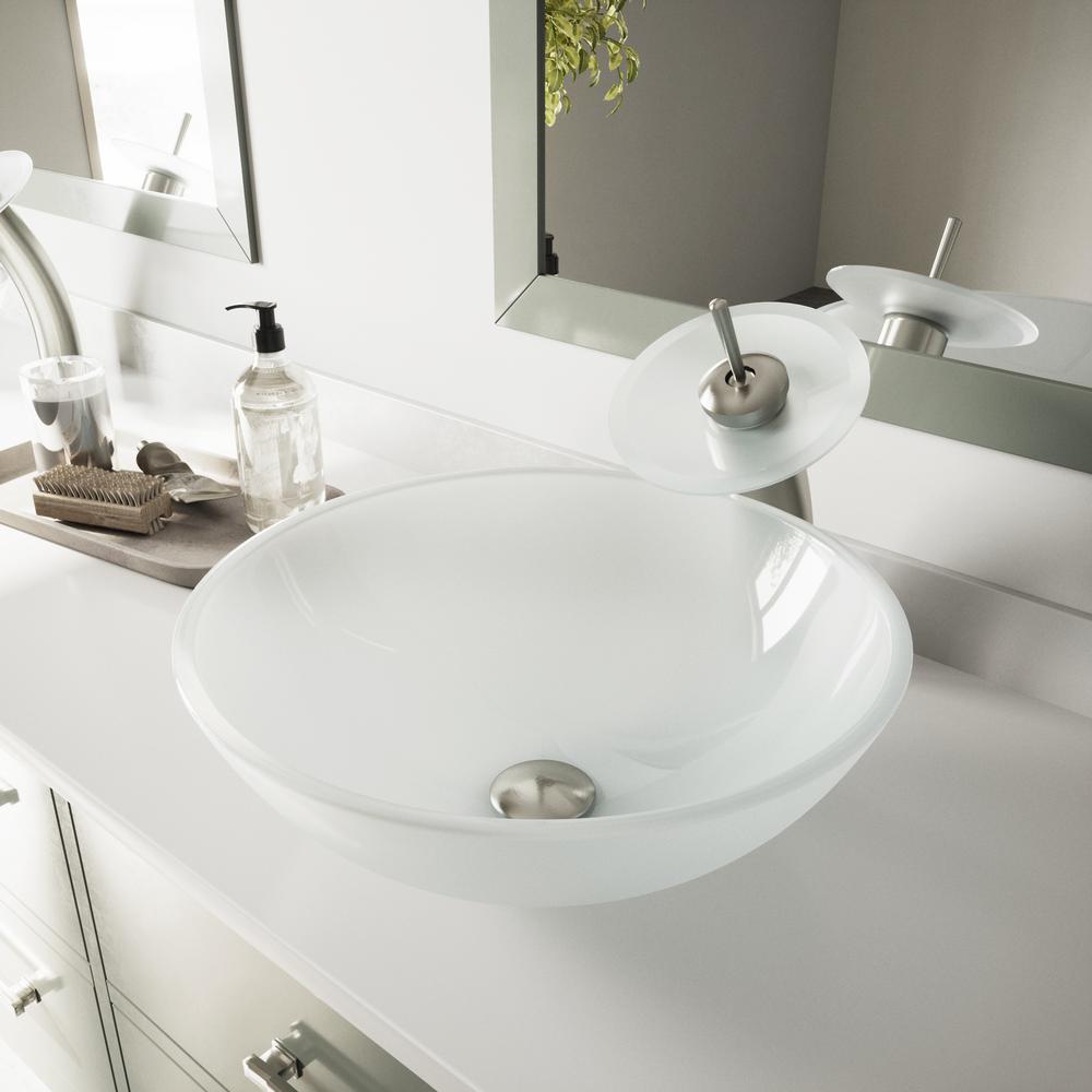 Vigo Glass Vessel Bathroom Sink In White Frost With Waterfall Faucet Set In Brushed Nickel