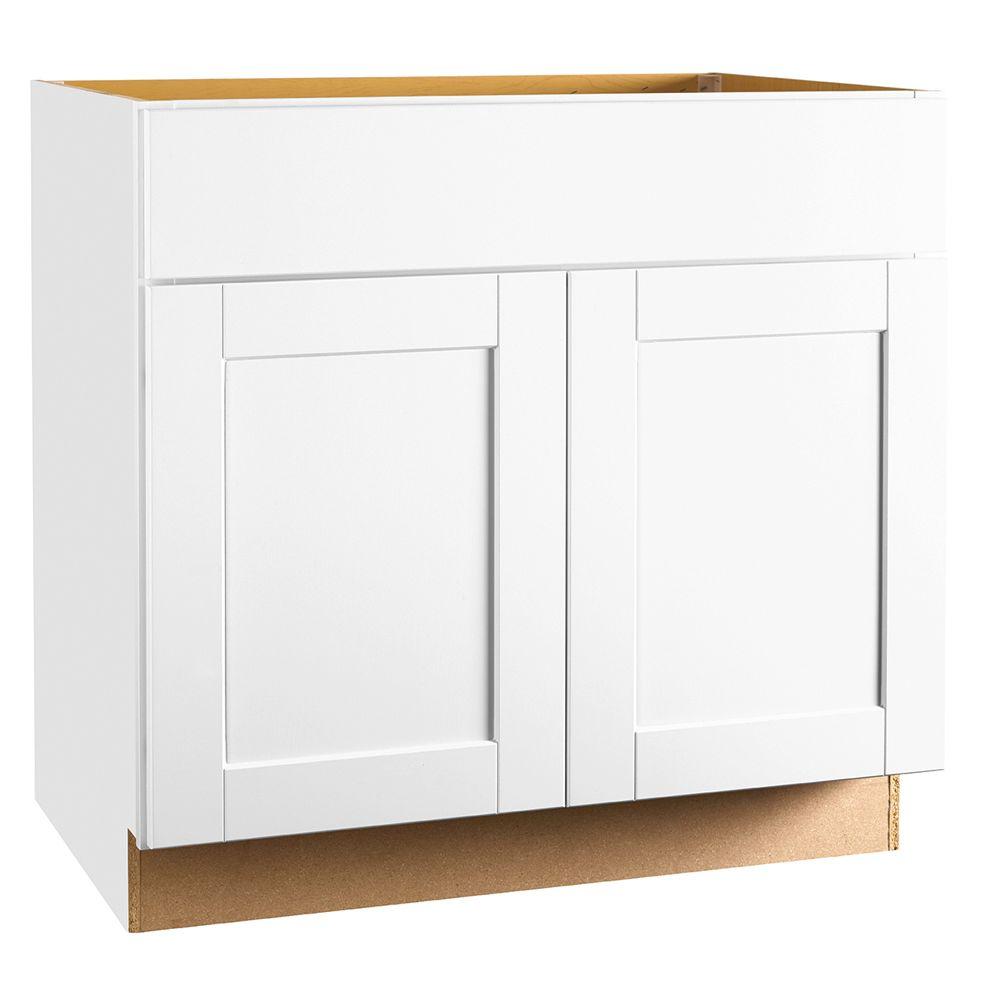 Hampton Bay Shaker Assembled 36x34.5x24 in. Sink Base Kitchen Cabinet in Satin White-KSB36-SSW ...