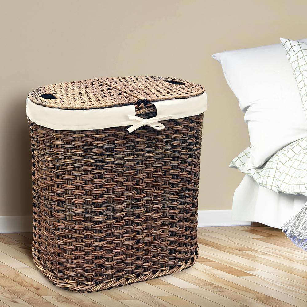 Mocha Hand-Woven Oval Double Laundry Hamper with Removable Liner