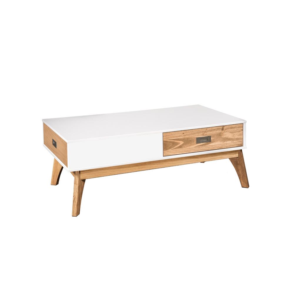 Manhattan Comfort Jackie 2 0 2 Drawer White And Natural Wood Coffee Table Cs96508 The Home Depot