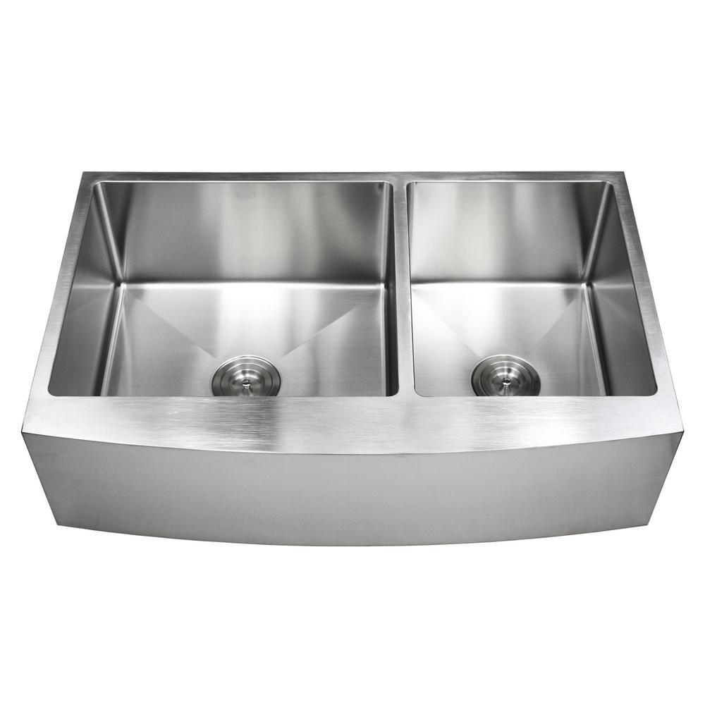 Emoderndecor 36 In X 21 In X 10 In 16 Gauge Stainless Steel Farmhouse Apron 60 40 Offset Curve Front Double Bowl Kitchen Sink