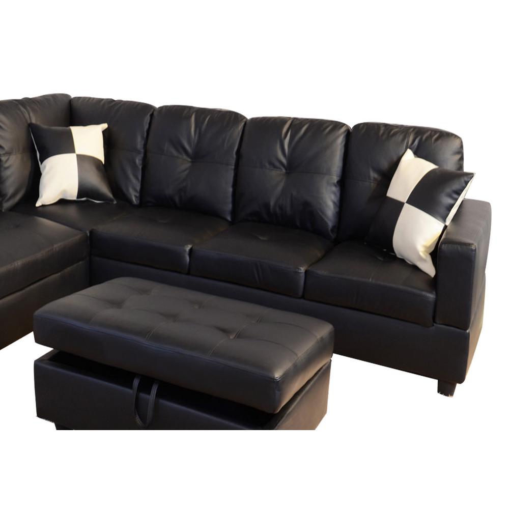 Star Home Living Black Faux Leather 3, Sectional Sofa With Chaise And Storage Ottoman
