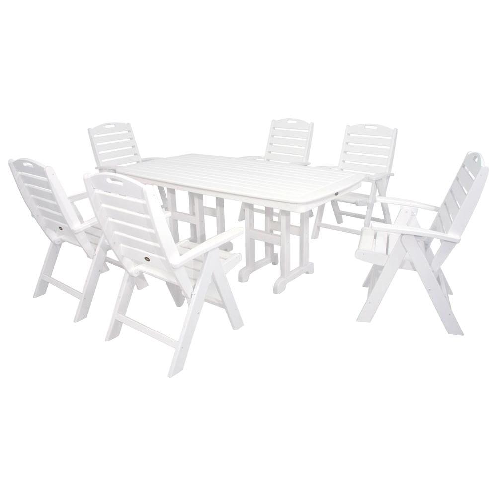 Resin Patio Dining Furniture The Home Depot Yacht Club Classic White 7 Piece High Back Plastic Outdoor Patio Dining Set
