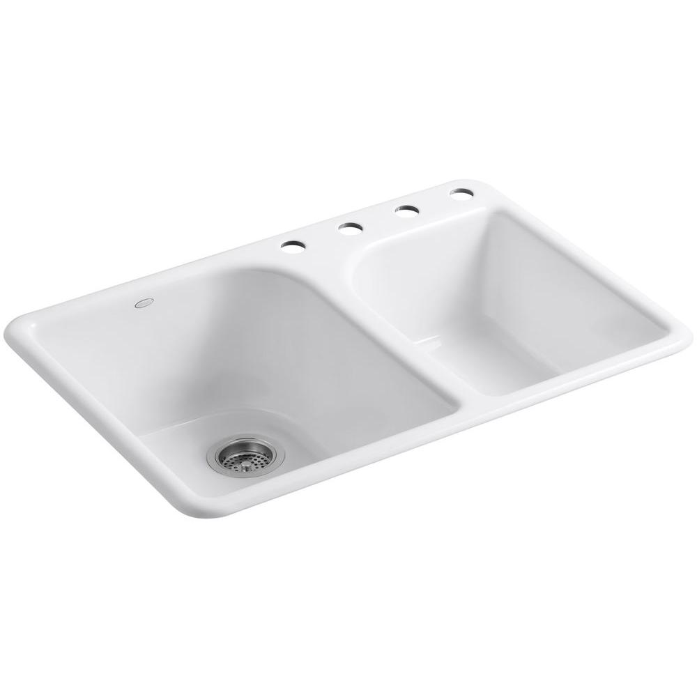 Kohler Executive Chef Drop In Cast Iron 33 In 4 Hole Double Bowl Kitchen Sink In White