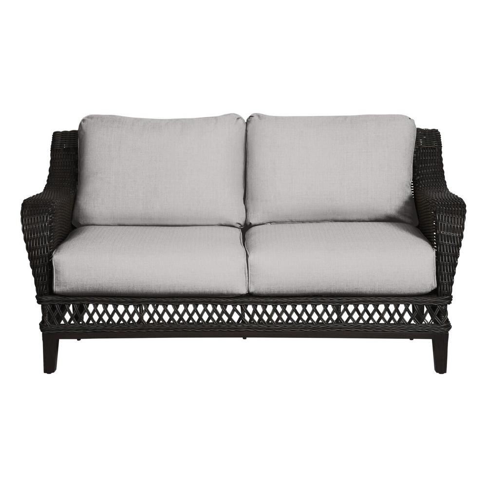 Hampton Bay Woodbury Dark Brown Wicker Outdoor Patio Loveseat With Cushionguard Stone Gray Cushions H164 01424900 The Home Depot