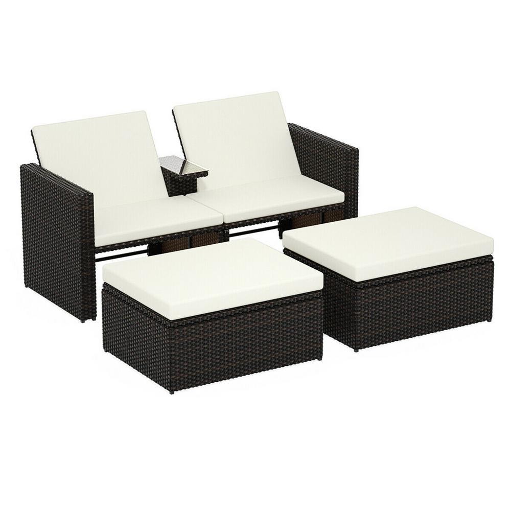 Casainc Brown 3 Piece Wicker Outdoor Loveseat With Cushionguard Beige Foam Cushions And 2 Ottomans Wfop3424 The Home Depot