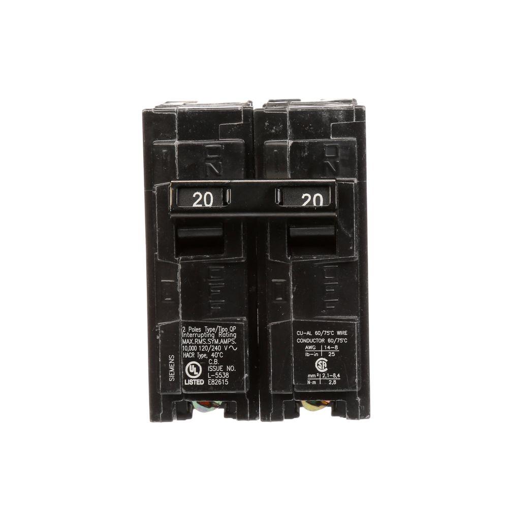 Siemens 20 Amp Double Pole Type Qp Circuit Breaker Q220u The Home Depot