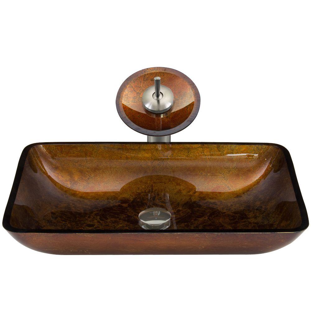 Vigo Rectangular Glass Vessel Bathroom Sink In Russet With Waterfall Faucet Set In Brushed Nickel