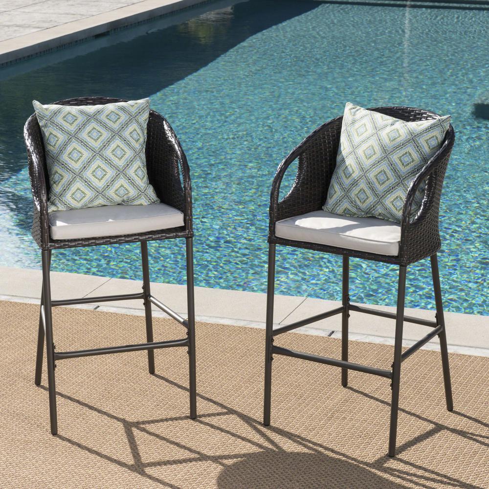 Noble House Mariam Wicker Outdoor Bar Stool with Light Brown Cushion (2