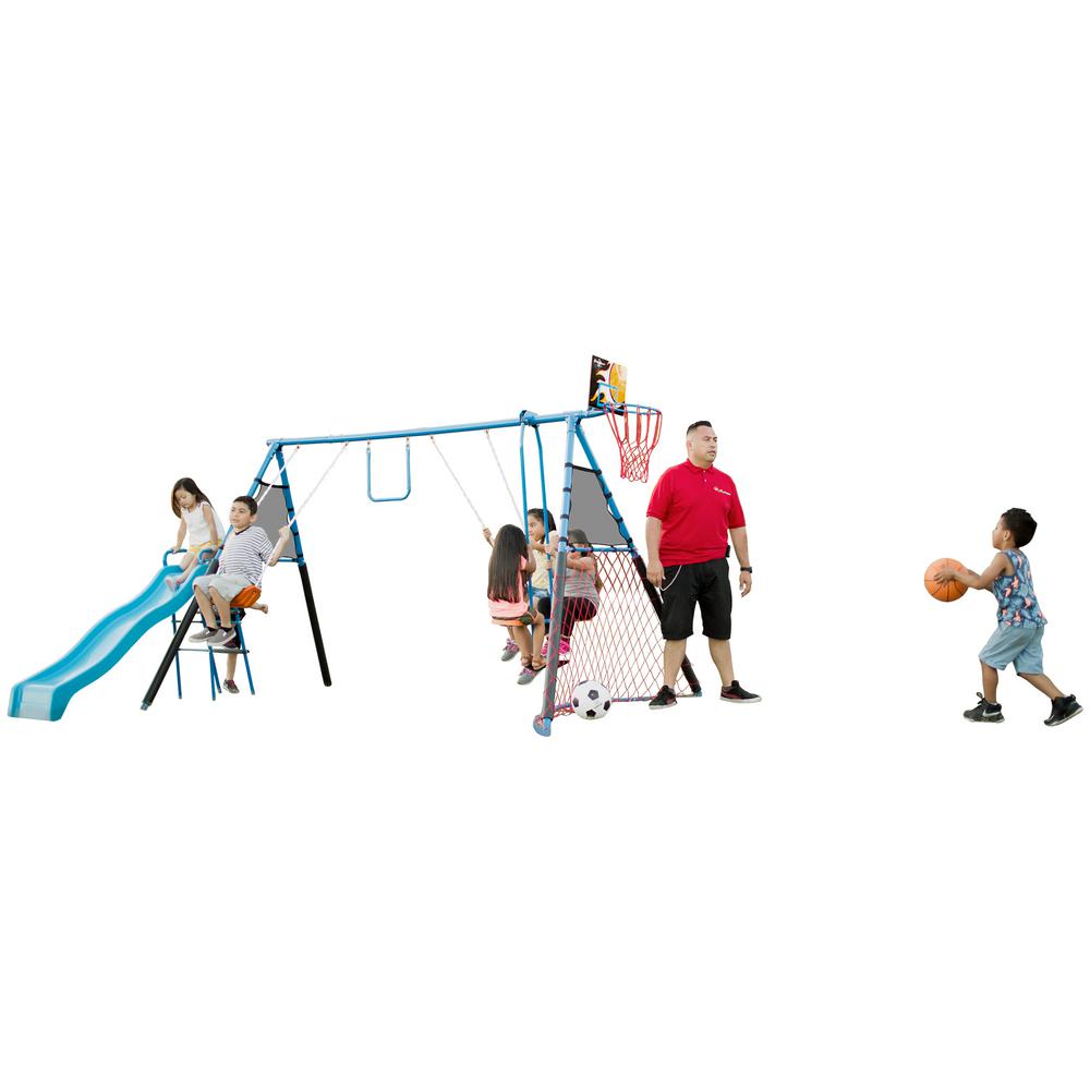 Fitness Reality Kids Swing Sets Playground Equipment 7 Station Sports Series Metal Swing Set With Basketball And Soccer