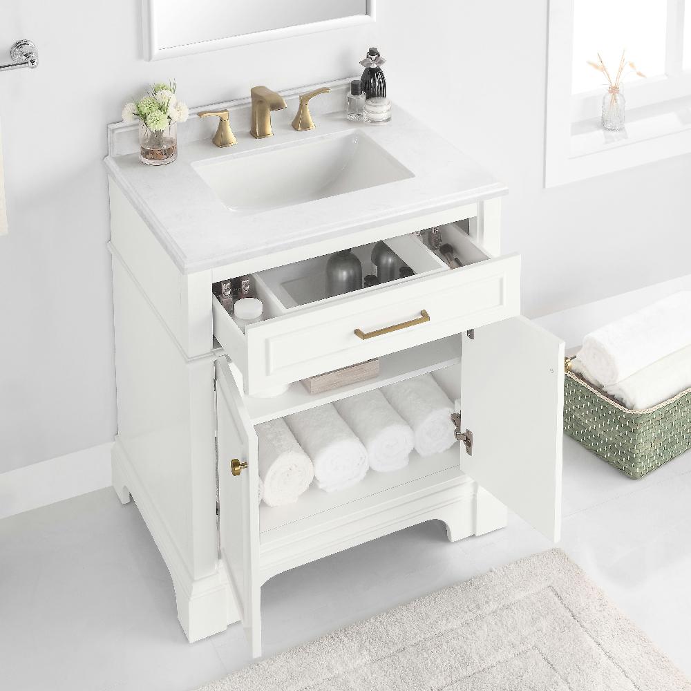 Home Decorators Collection Melpark 30 In W X 22 D Bath Vanity White With Cultured Marble Top Sink 30w The Depot - Home Depot Bathroom Cabinets Without Sink