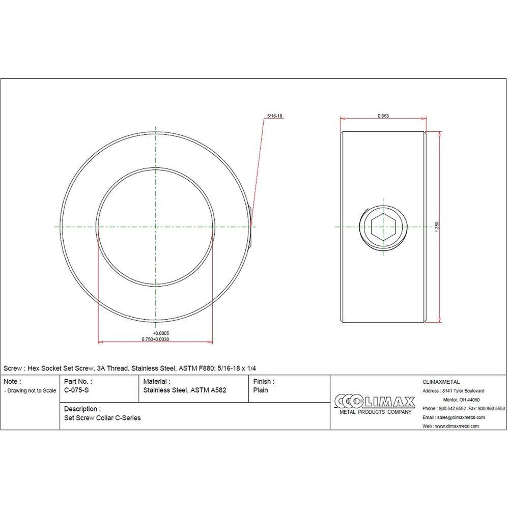 Power Transmission Products 3 4 Bore Set Screw Style One Piece Climax Metal Crc 075 S Shaft Collar With 5 16 18 X 1 4 Set Screw 9 16 Width 316 Stainless Steel 1 1 4 Od Shaft Collars