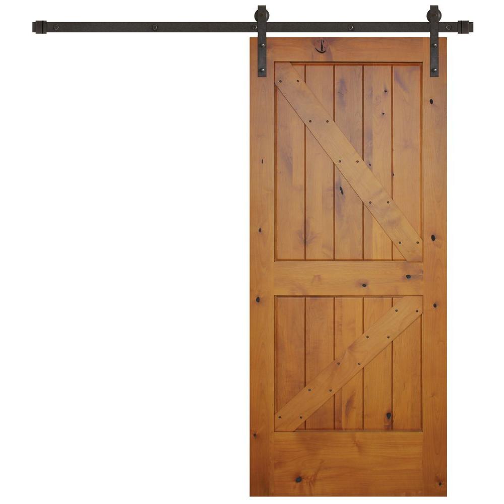 Pacific Entries 36 In X 84 Rustic Prefinished 2 Panel Right Rustic Prefinished 2 Panel Right Knotty Alder Wood Barn Door With Bronze Sliding Hardware Kit