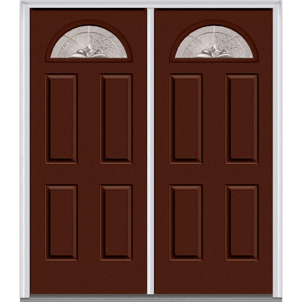 Mmi Door 60 In X 80 Heirlooms Left Hand Inswing Fan Lite Decorative Glass 4 Panel Painted Steel Prehung Front